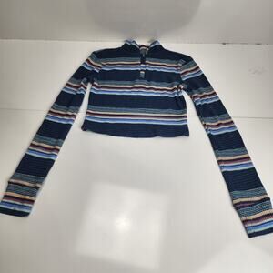 SO Brand Zip Up Collared Neck Long Sleeve Blue Striped Crop Top Juniors Size XS